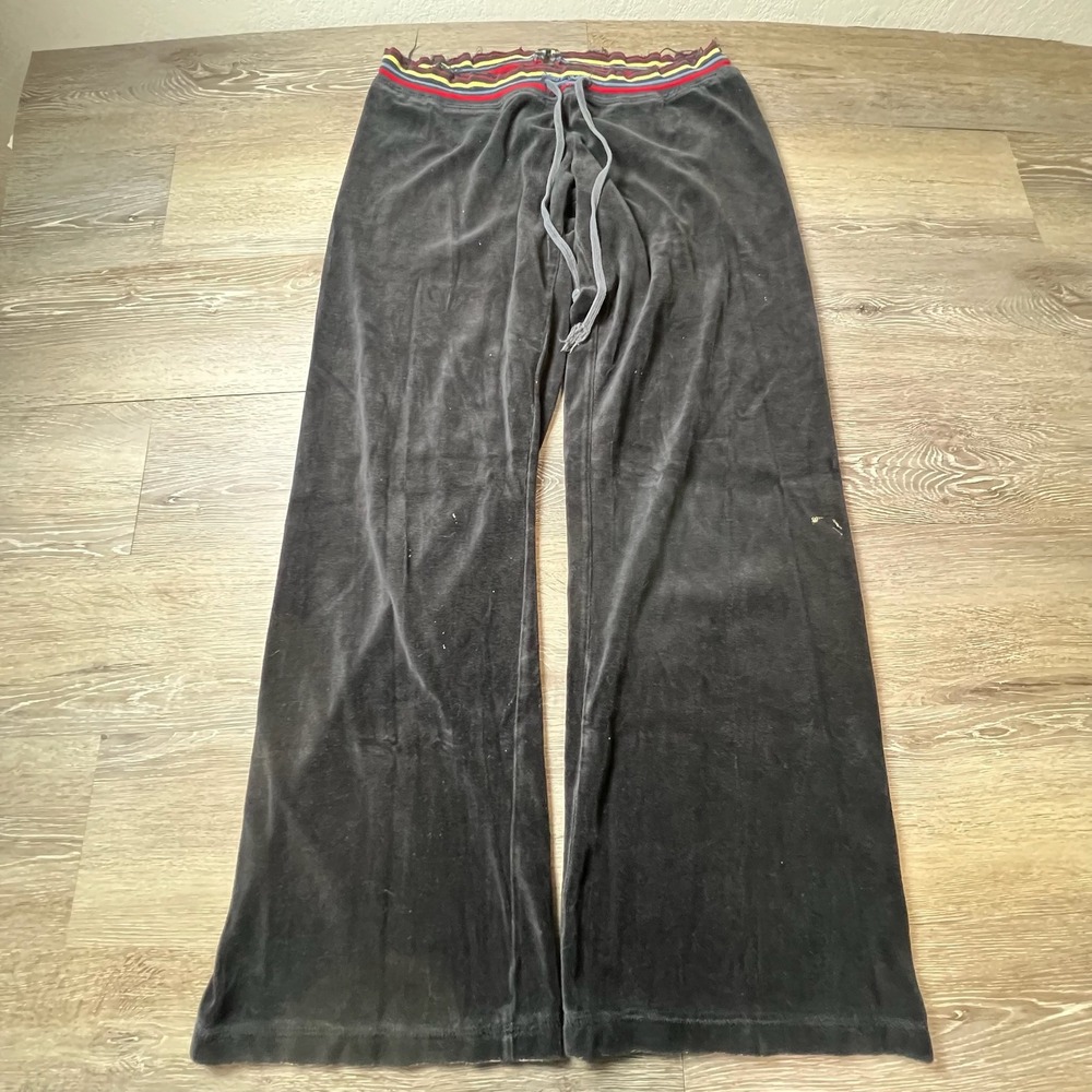 Solow Velour Sweatpants Women Medium Black Wide Leg Striped Waist Y2K Lounge